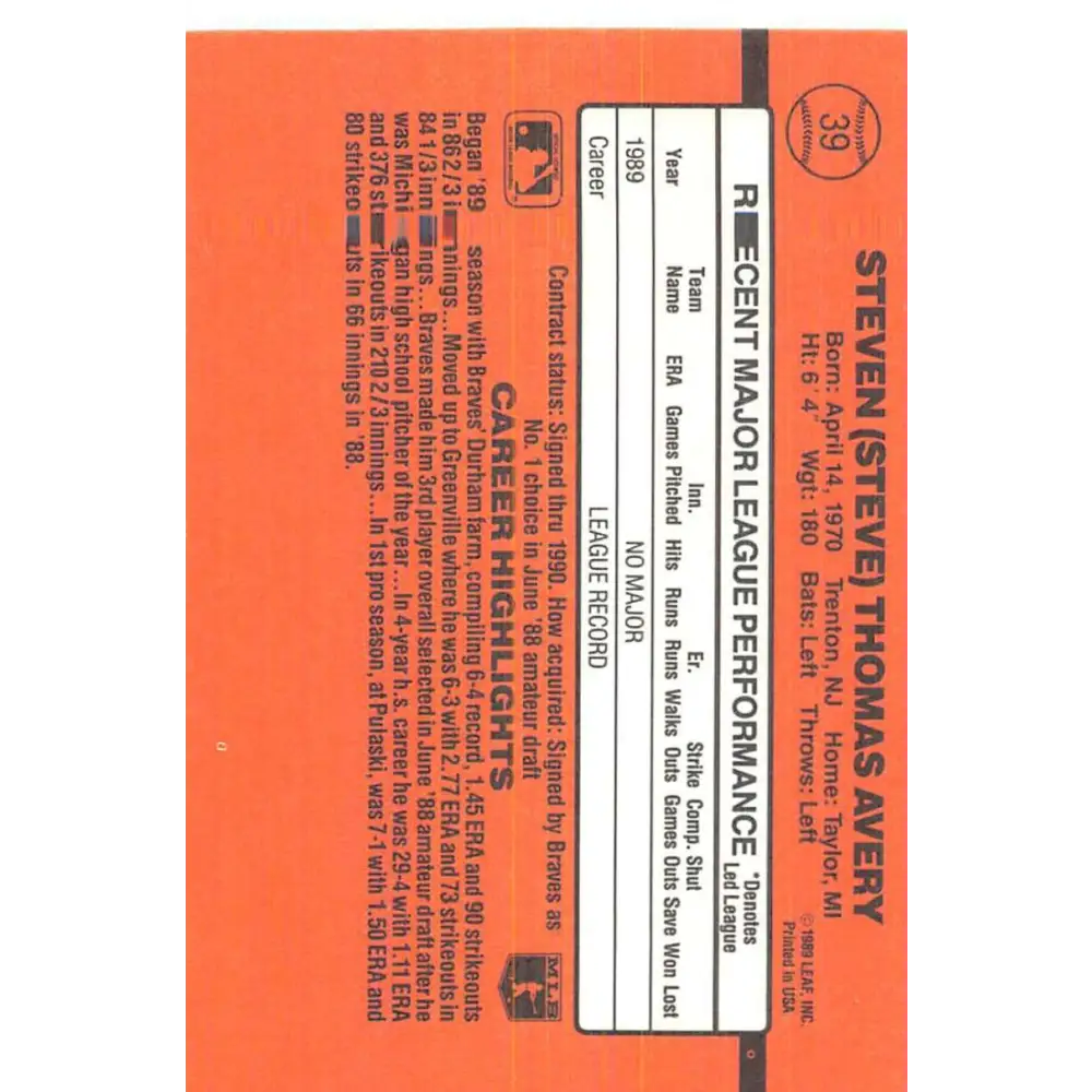 1990 Donruss #39 Steve Avery VG-EX Atlanta Braves Baseball Card Image 2