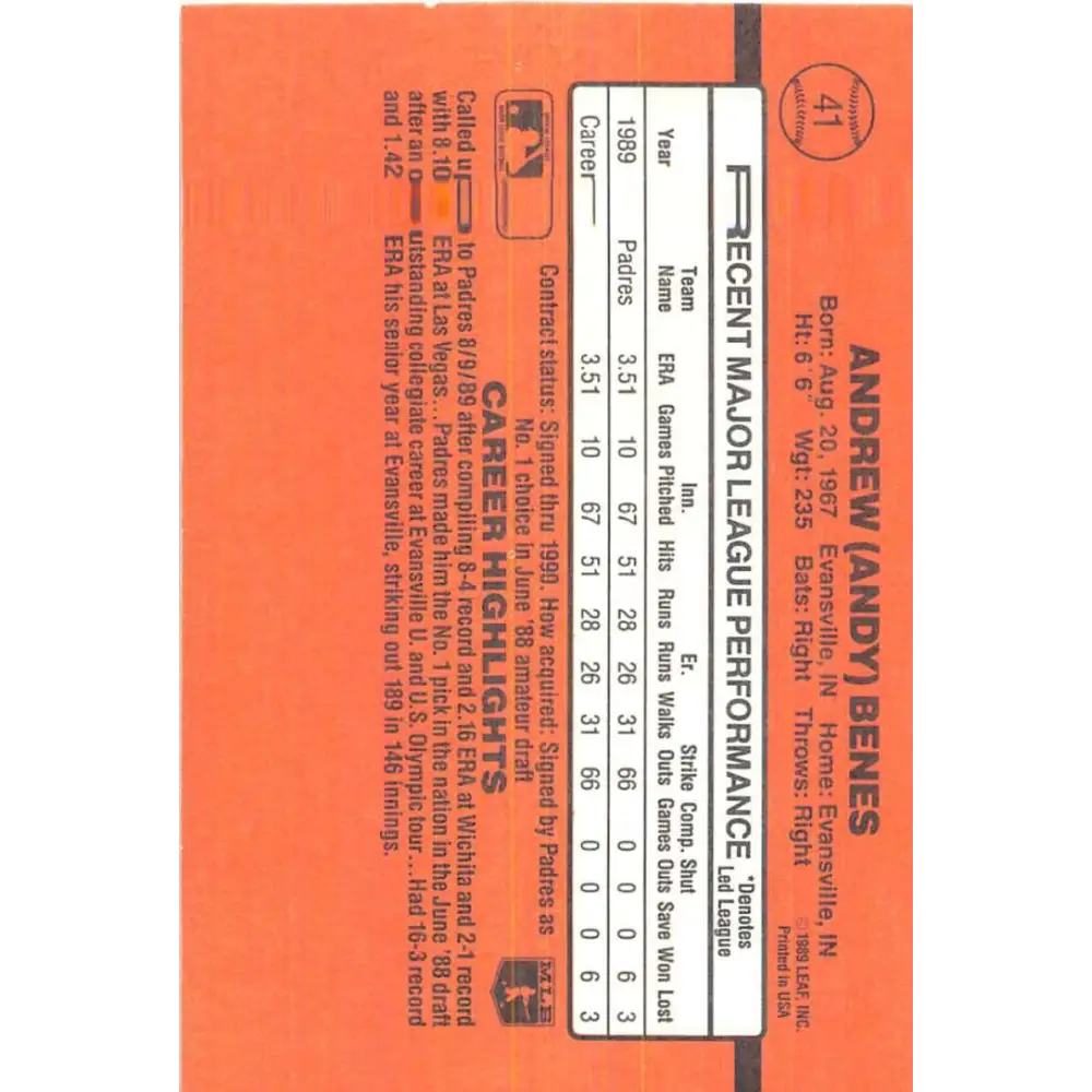 1990 Donruss #41 Andy Benes VG-EX San Diego Padres Baseball Card Image 2