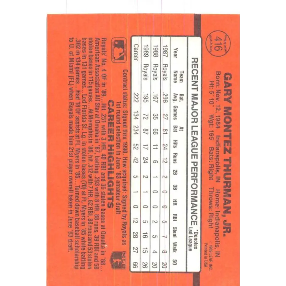1990 Donruss #416 Gary Thurman VG-EX Kansas City Royals Baseball Card Image 2