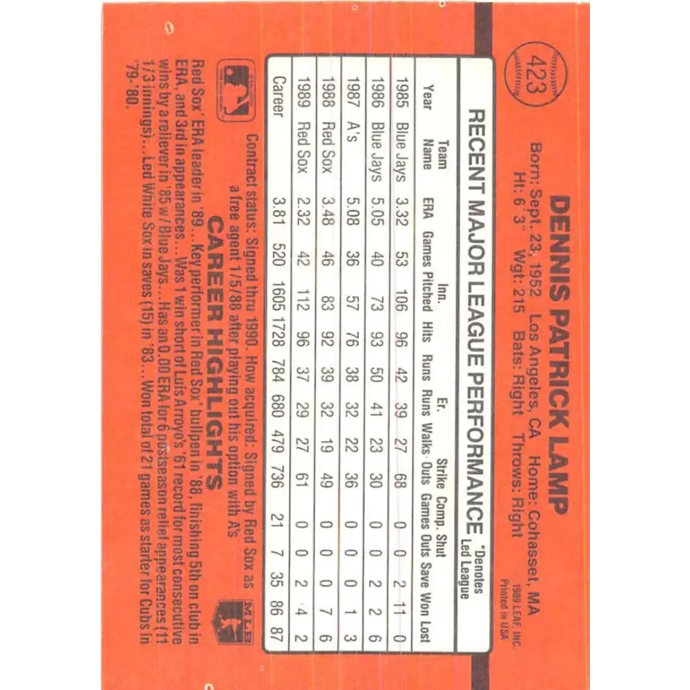 1990 Donruss #423 Dennis Lamp VG-EX Boston Red Sox Baseball Card Image 2