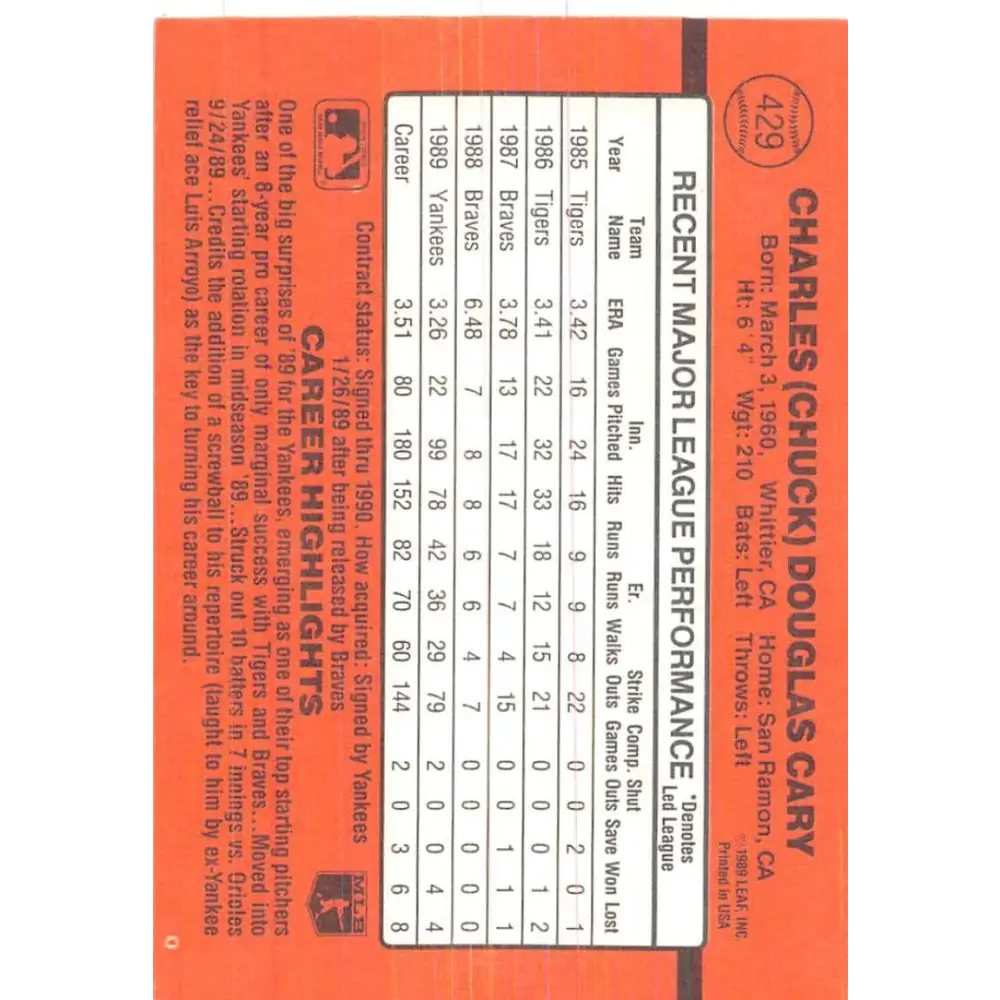 1990 Donruss #429 Chuck Cary VG-EX New York Yankees Baseball Card Image 2
