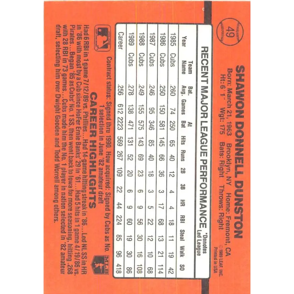 1990 Donruss #49 Shawon Dunston VG-EX Chicago Cubs Baseball Card Image 2