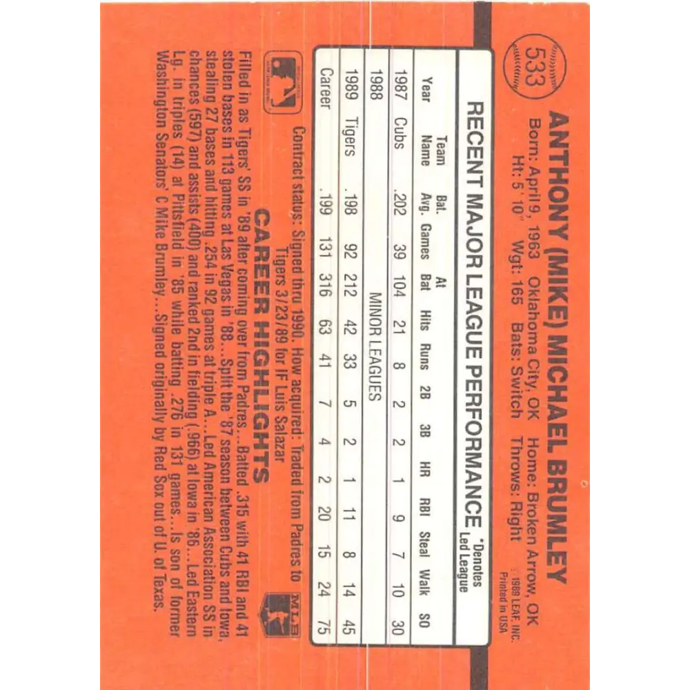 1990 Donruss #533 Mike Brumley VG-EX Detroit Tigers Baseball Card Image 2