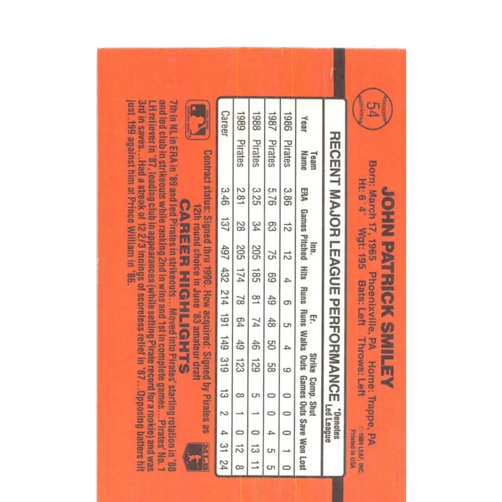 1990 Donruss #54 John Smiley VG-EX Pittsburgh Pirates Baseball Card Image 2