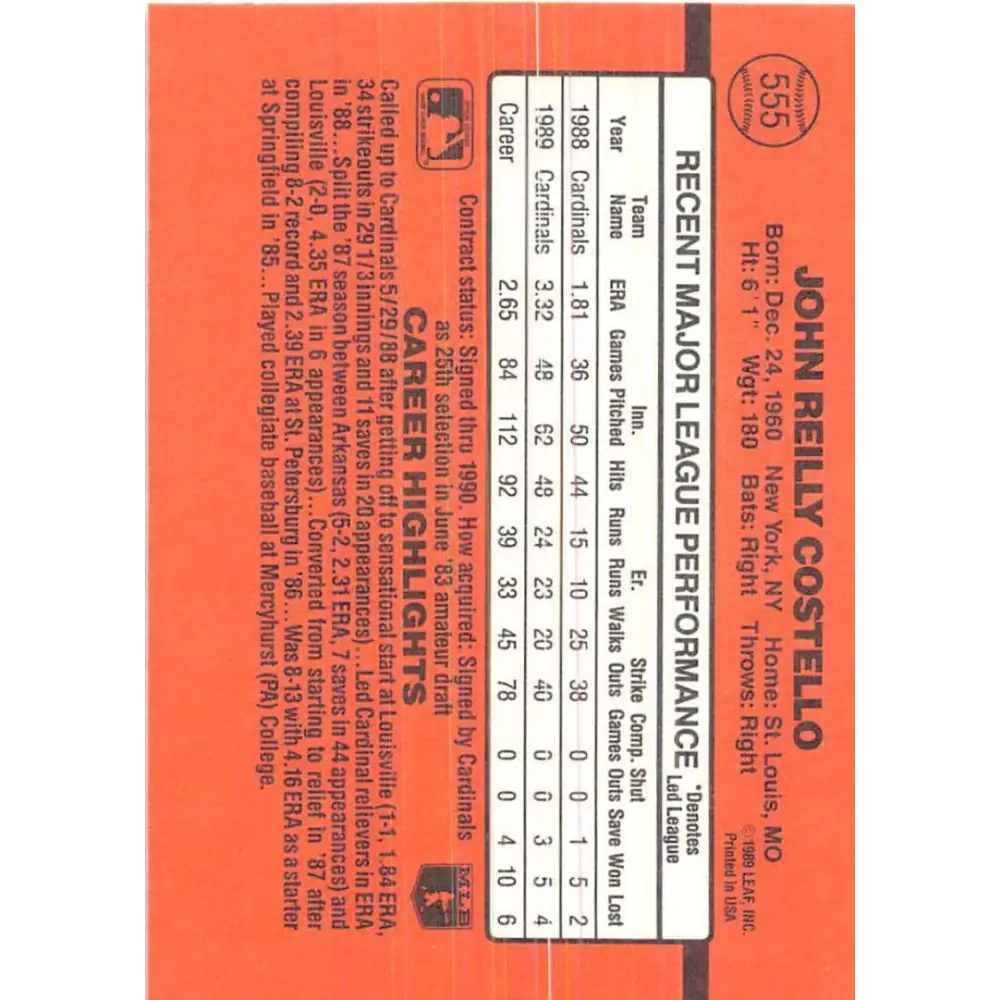 1990 Donruss #555 John Costello VG-EX St. Louis Cardinals Baseball Card Image 2