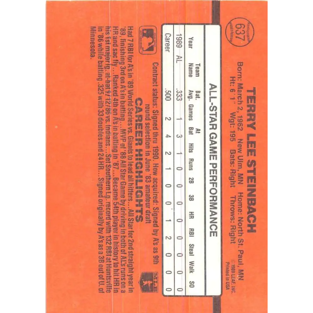 1990 Donruss #637b Terry Steinbach AS VG-EX Oakland Athletics Baseball Card Image 2