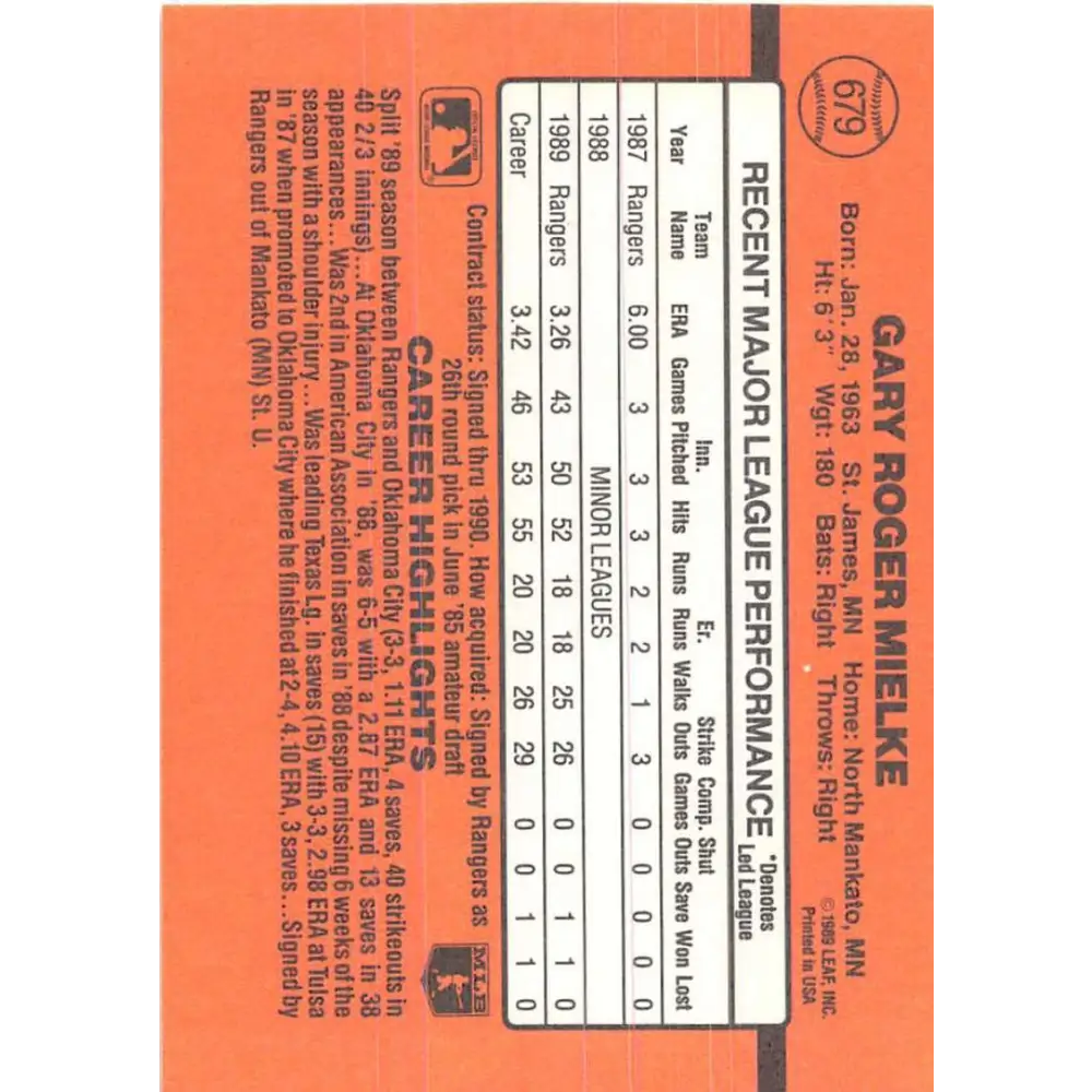 1990 Donruss #679 Gary Mielke VG-EX RC Rookie Texas Rangers Baseball Card Image 2