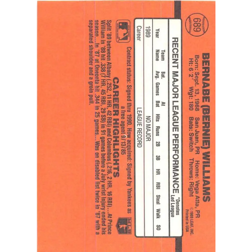 1990 Donruss #689 Bernie Williams VG-EX RC Rookie New York Yankees Baseball Card Image 2