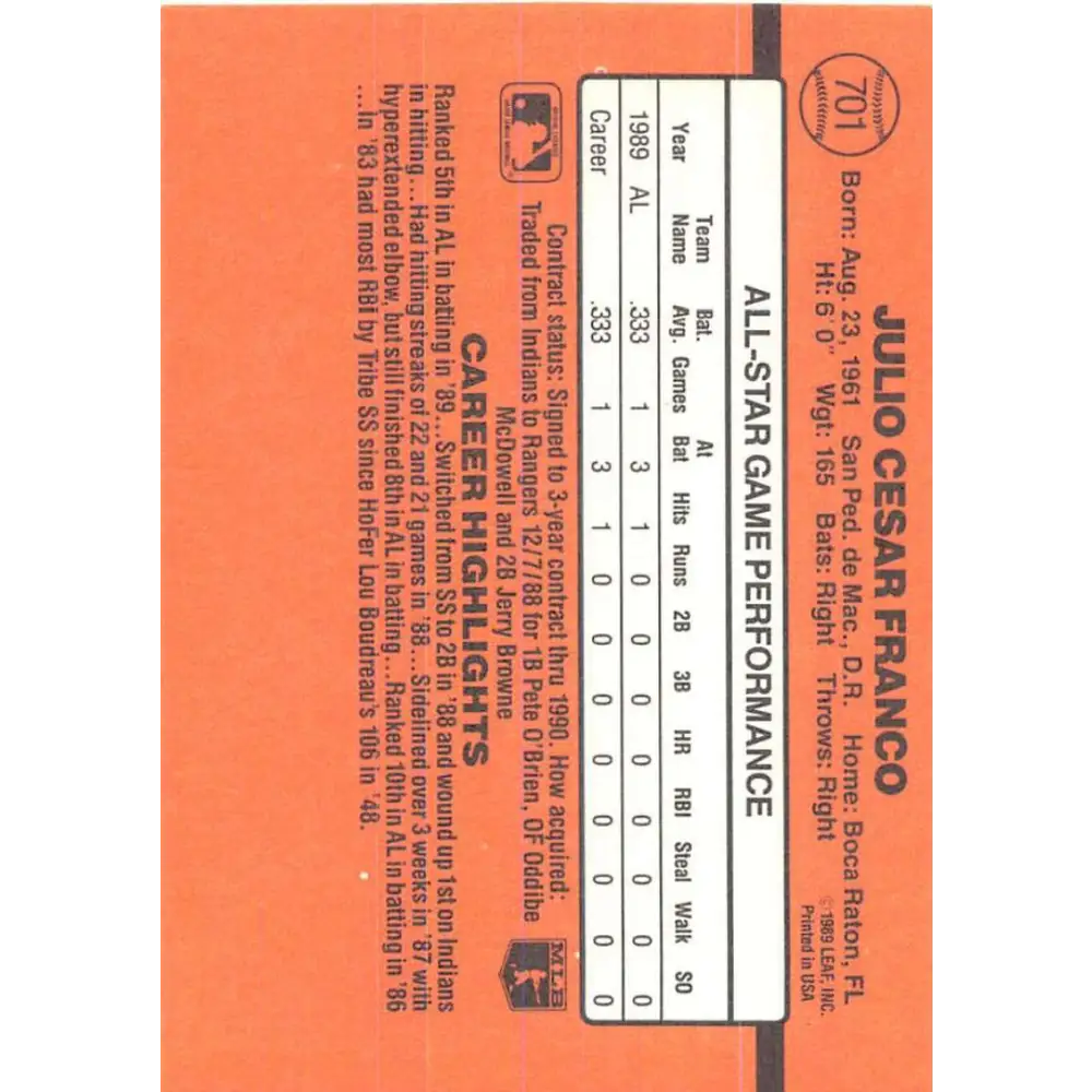 1990 Donruss #701b Julio Franco AS VG-EX Texas Rangers Baseball Card Image 2