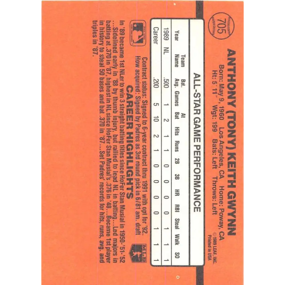 1990 Donruss #705 Tony Gwynn AS VG-EX San Diego Padres Baseball Card Image 2