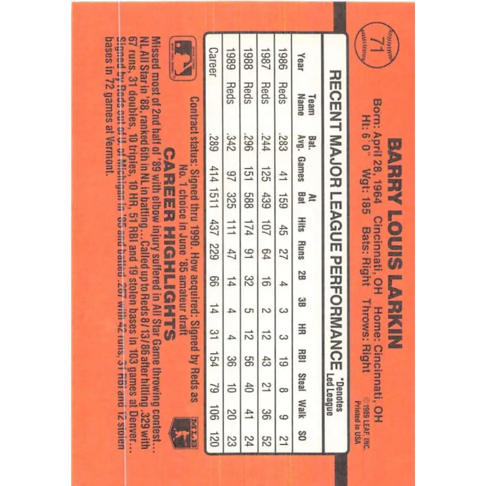 1990 Donruss #71 Barry Larkin VG-EX Cincinnati Reds Baseball Card Image 2
