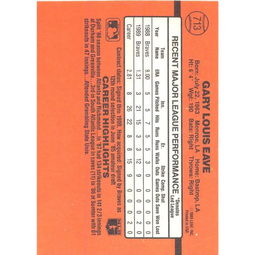 1990 Donruss #713 Gary Eave VG-EX RC Rookie Atlanta Braves Baseball Card Image 2