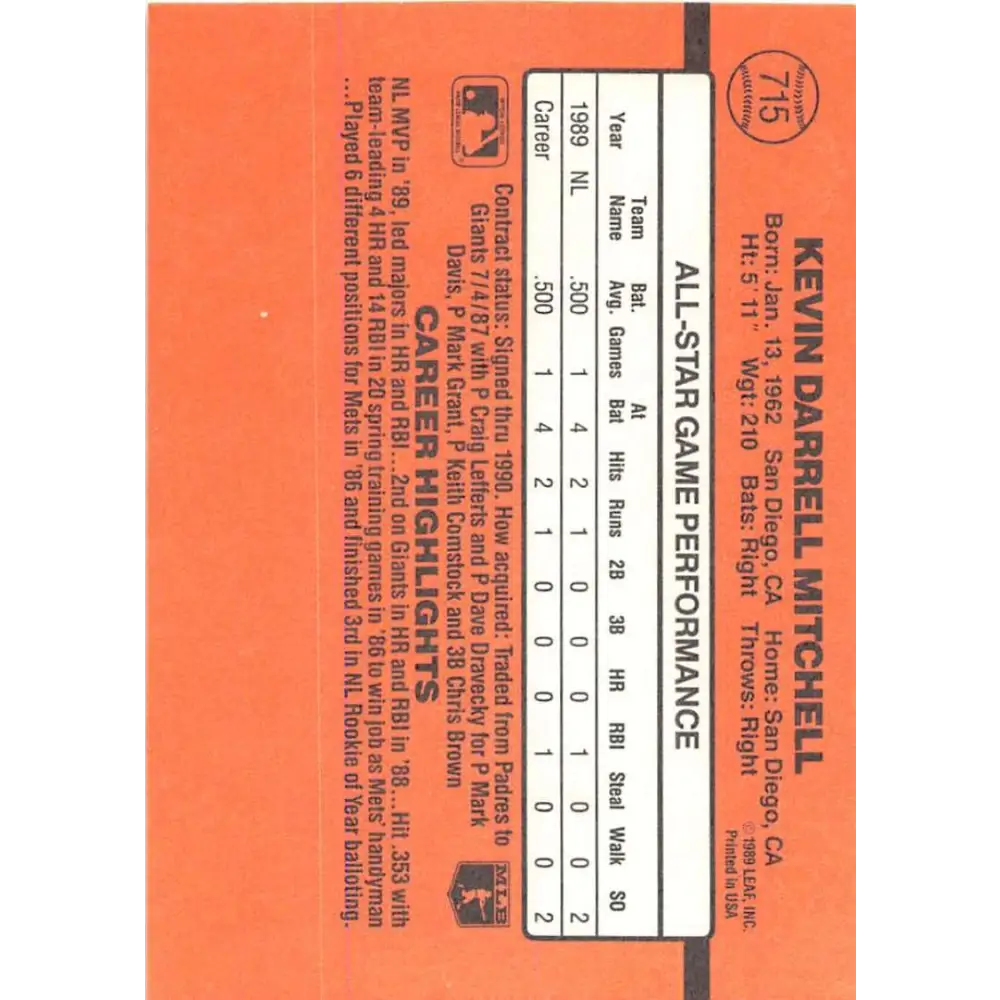 1990 Donruss #715b Kevin Mitchell AS VG-EX San Francisco Giants Baseball Card Image 2