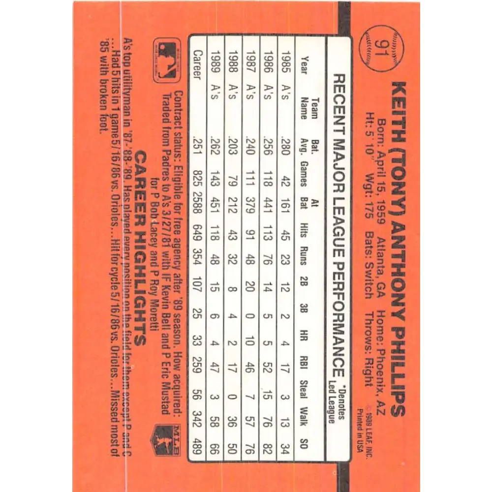 1990 Donruss #91 Tony Phillips VG-EX Oakland Athletics Baseball Card Image 2