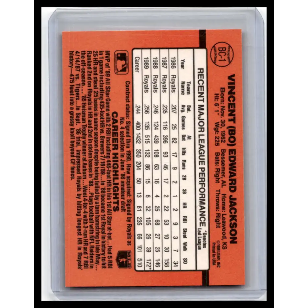 1990 Donruss #BC-1 Bo Jackson NM-MT Kansas City Royals Baseball Card Image 2