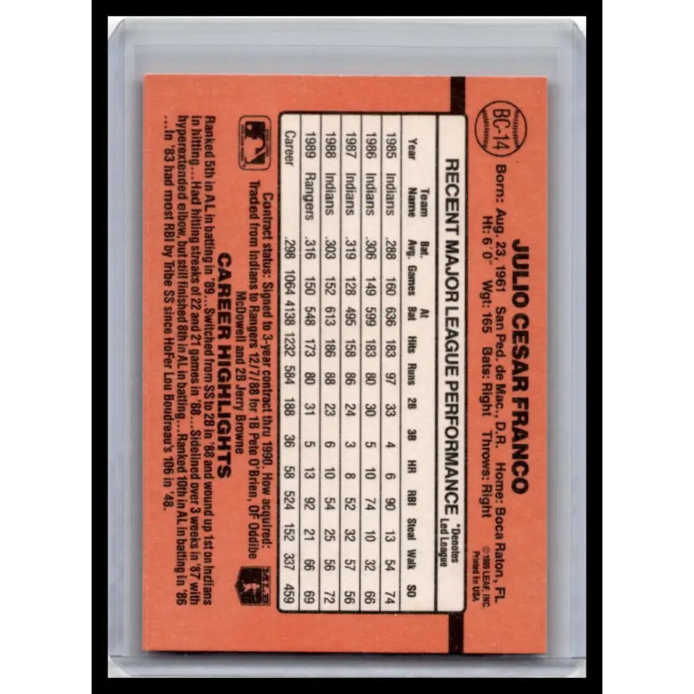 1990 Donruss #BC-14 Julio Franco NM-MT Texas Rangers Baseball Card Image 2