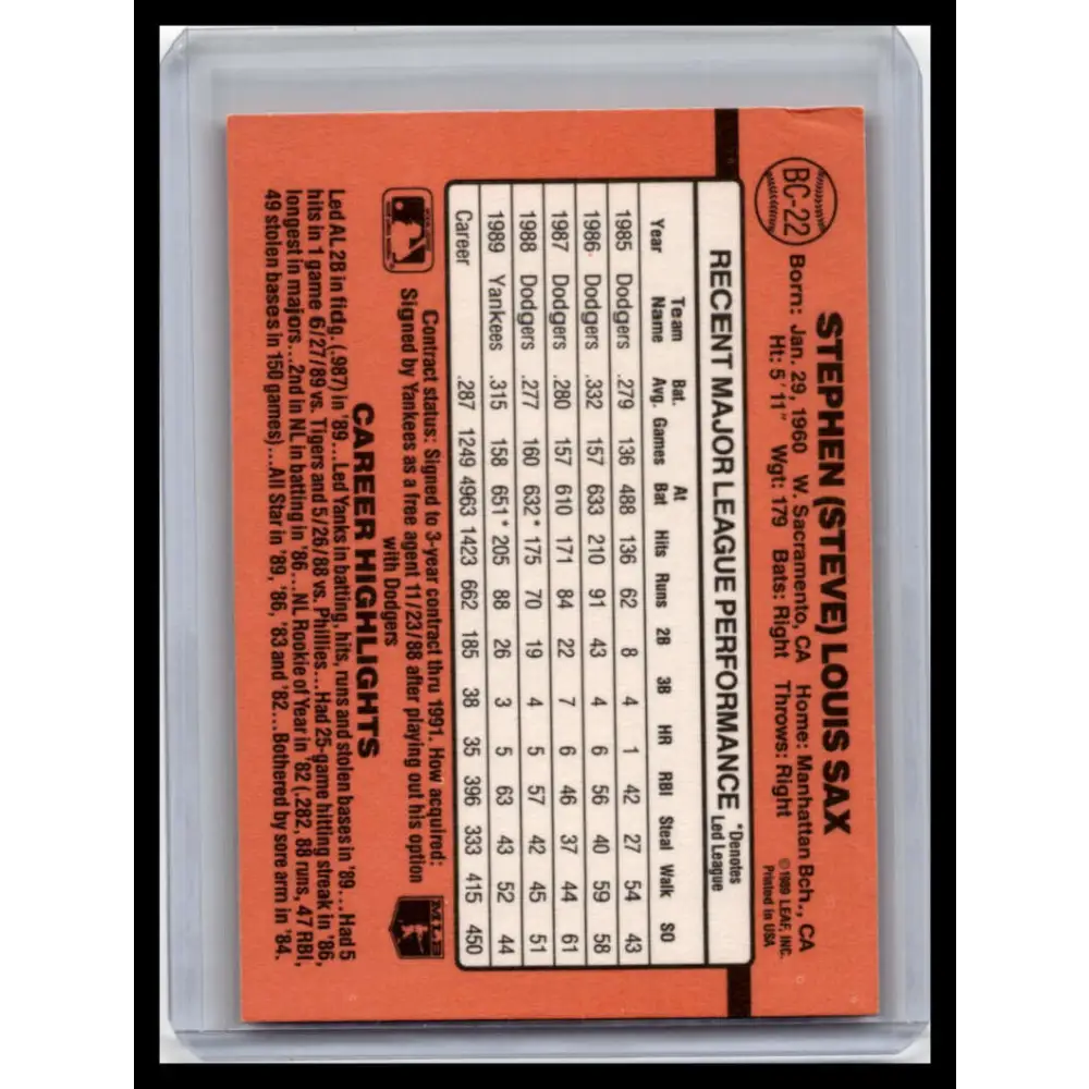 1990 Donruss #BC-22 Steve Sax NM-MT New York Yankees Baseball Card Image 2