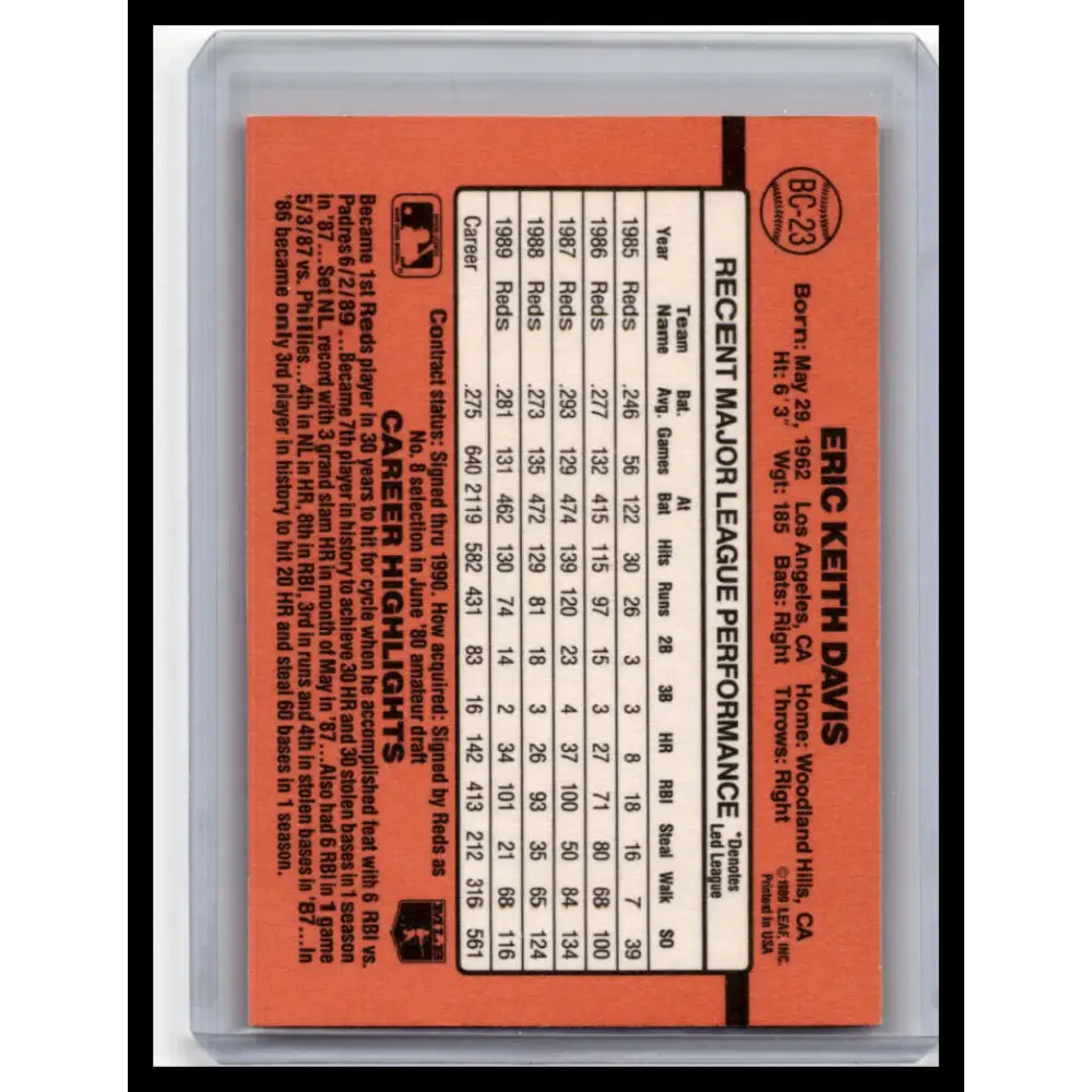 1990 Donruss #BC-23 Eric Davis NM-MT Cincinnati Reds Baseball Card Image 2