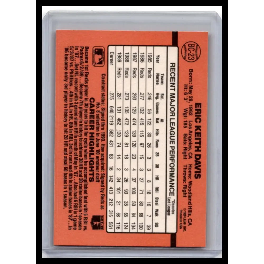 1990 Donruss #BC-23 Eric Davis NM-MT Cincinnati Reds Baseball Card Image 2