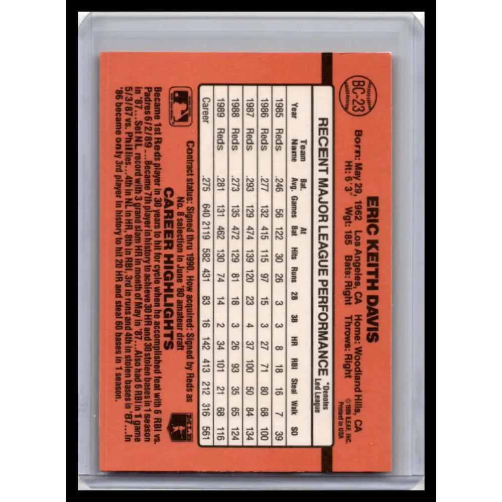 1990 Donruss #BC-23 Eric Davis NM-MT Cincinnati Reds Baseball Card Image 2