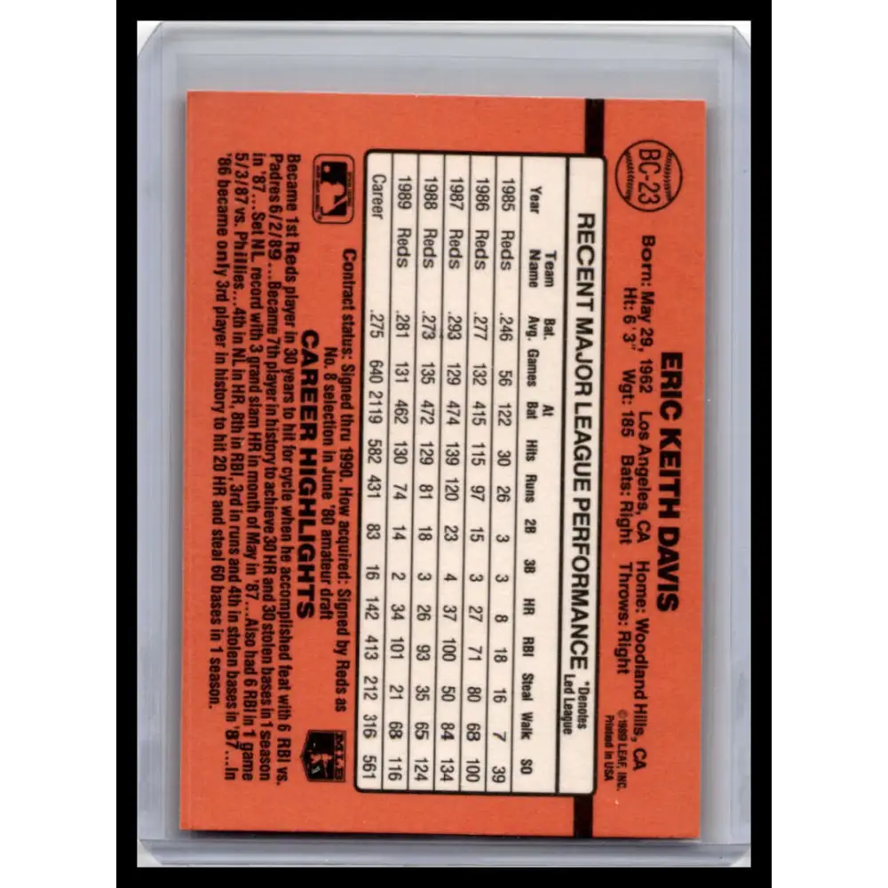 1990 Donruss #BC-23 Eric Davis NM-MT Cincinnati Reds Baseball Card Image 2