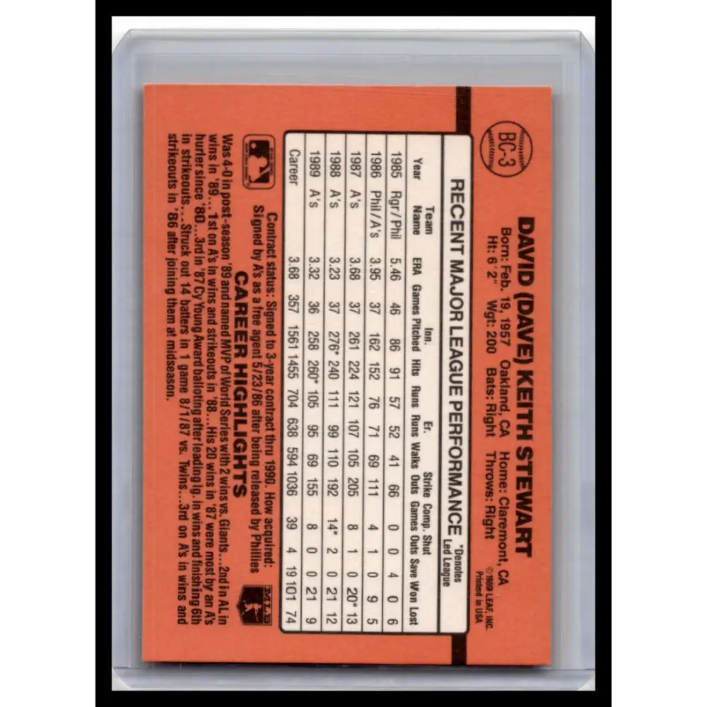 1990 Donruss #BC-3 Dave Stewart NM-MT Oakland Athletics Baseball Card Image 2
