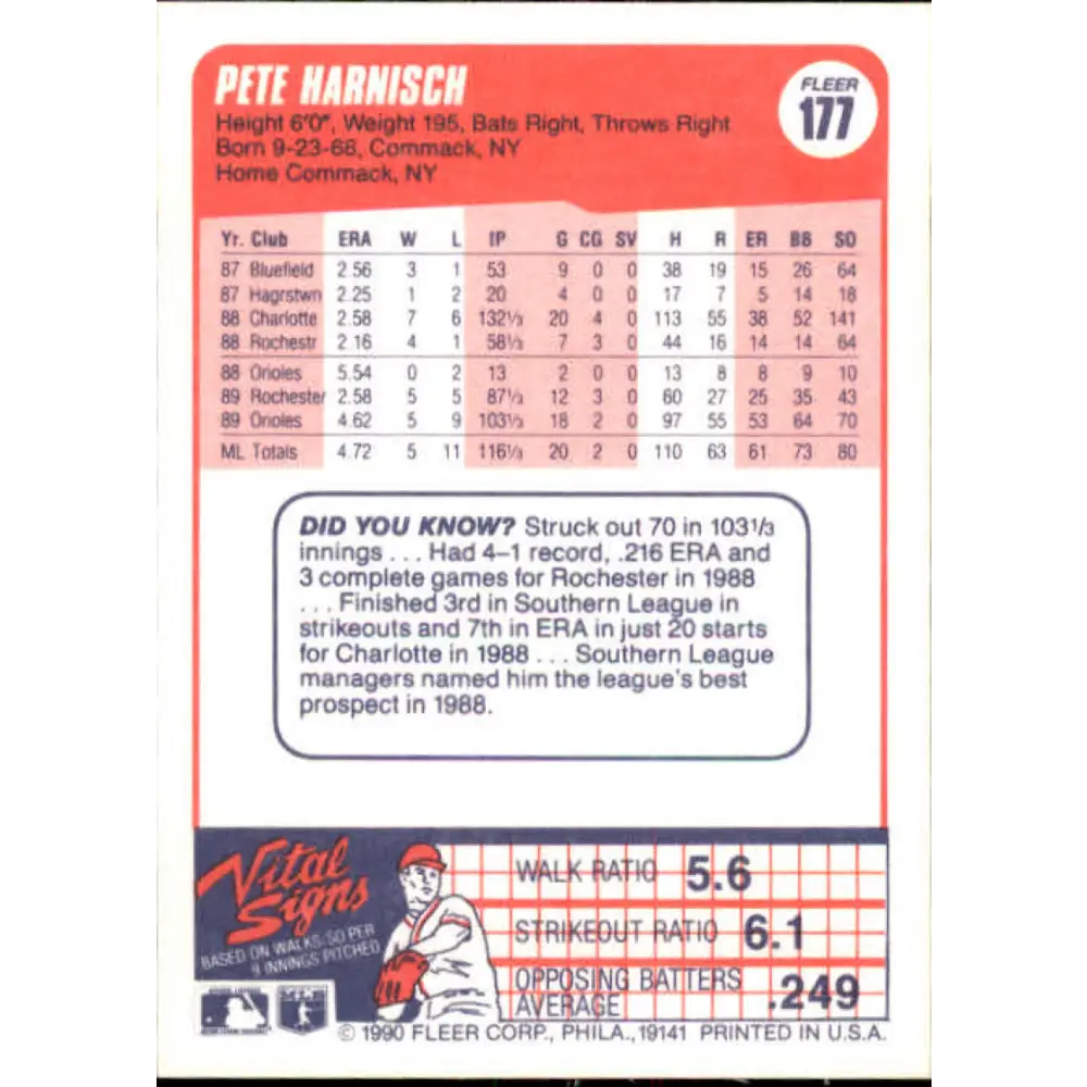 1990 Fleer #177 Pete Harnisch NM-MT Baltimore Orioles Baseball Card Image 2