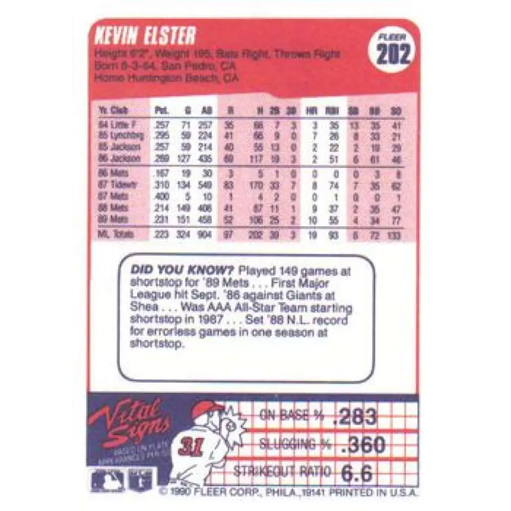 1990 Fleer #202 Kevin Elster NM-MT New York Mets Baseball Card Image 2