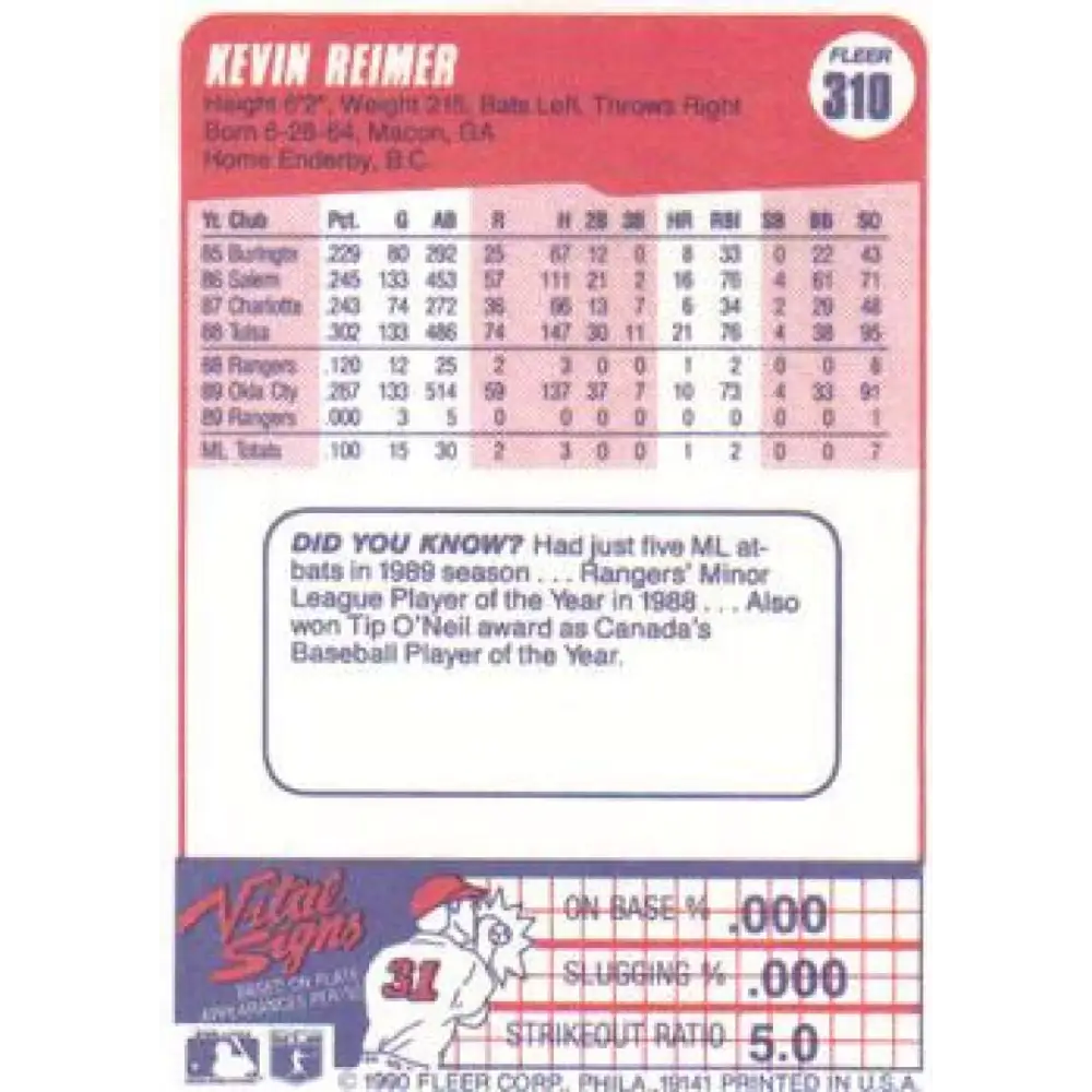 1990 Fleer #310 Kevin Reimer NM-MT Texas Rangers Baseball Card Image 2