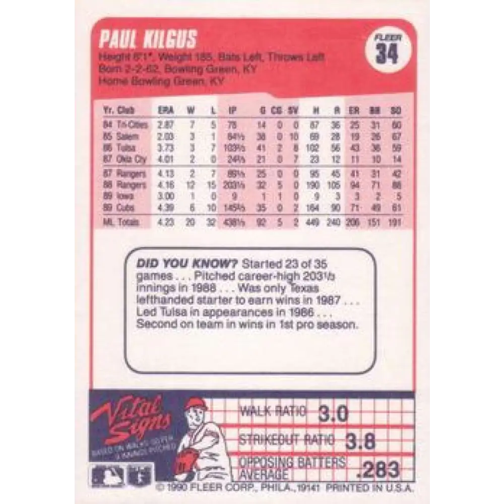 1990 Fleer #34 Paul Kilgus NM-MT Chicago Cubs Baseball Card Image 2