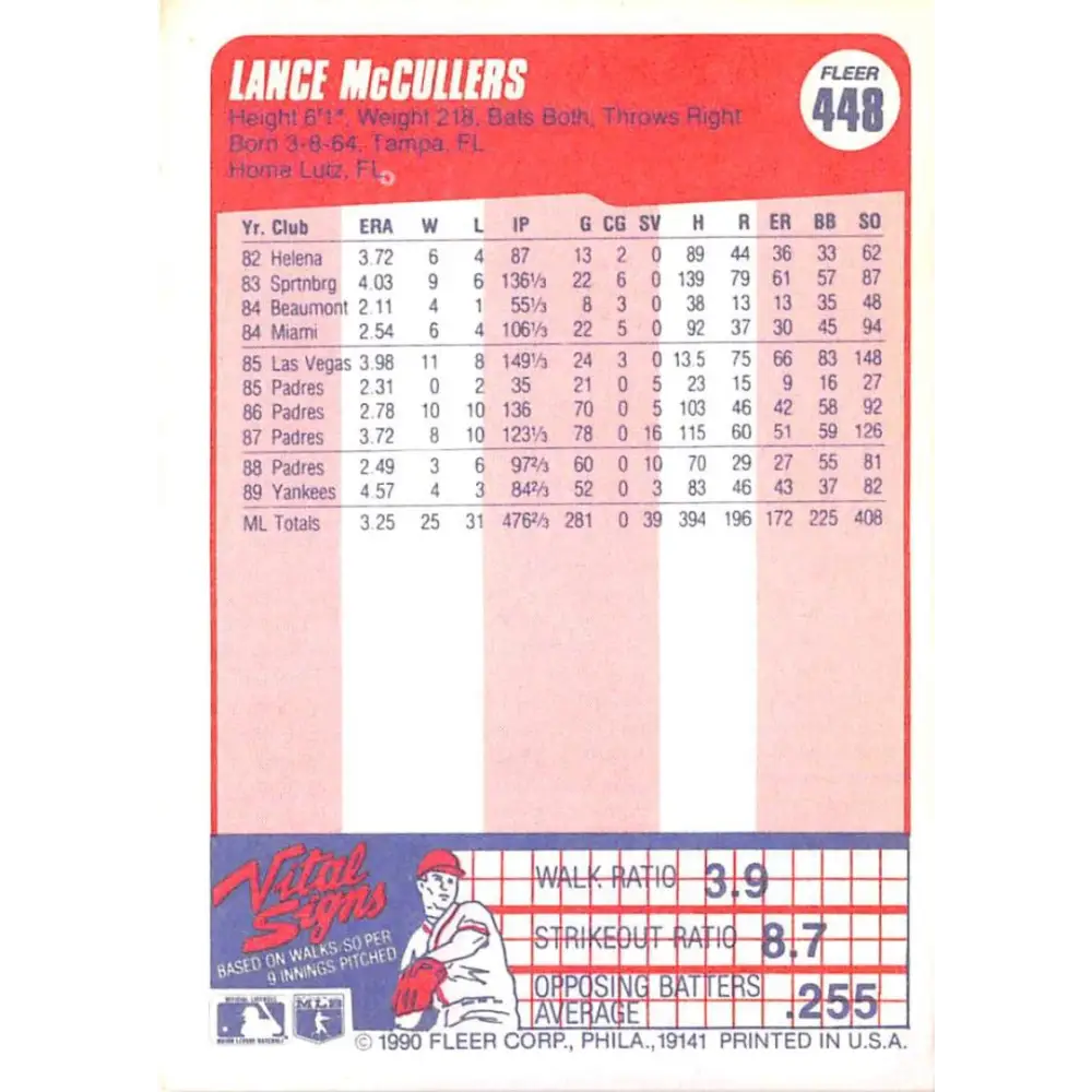 1990 Fleer #448 Lance McCullers NM-MT New York Yankees Baseball Card Image 2