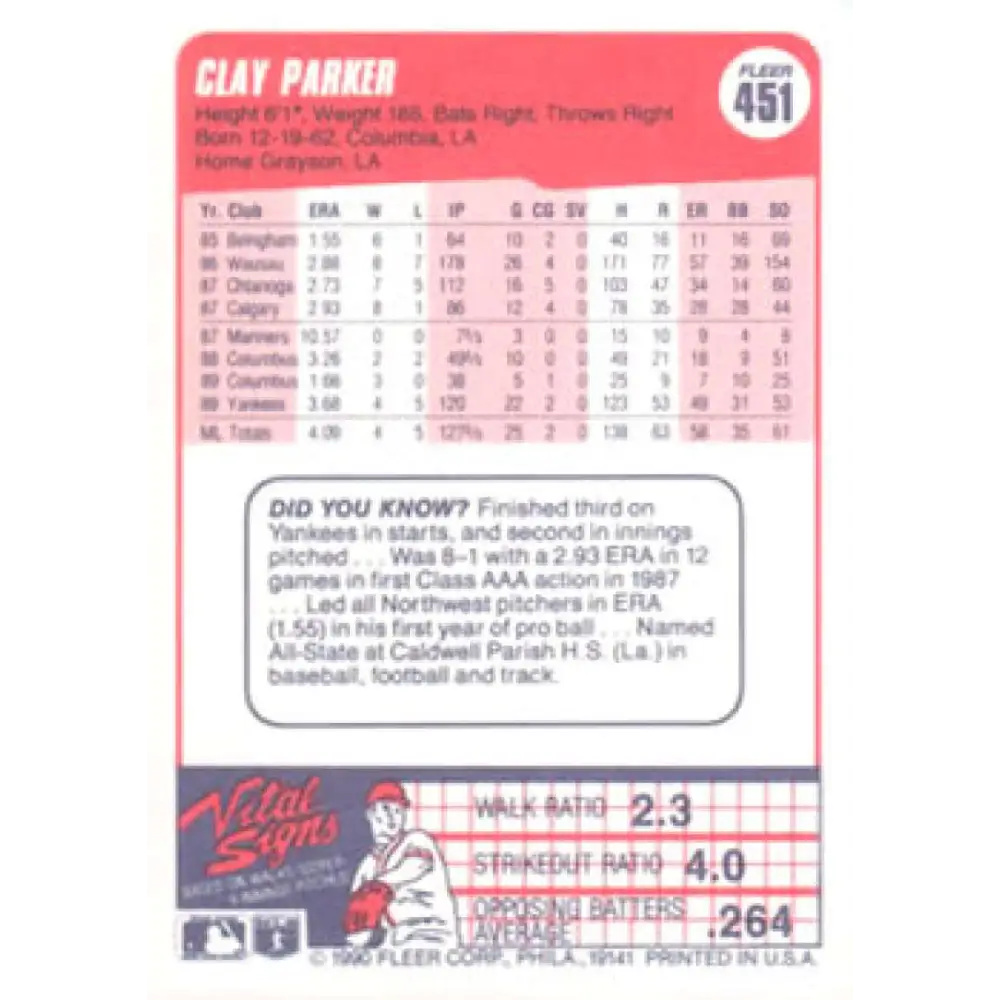 1990 Fleer #451 Clay Parker NM-MT New York Yankees Baseball Card Image 2