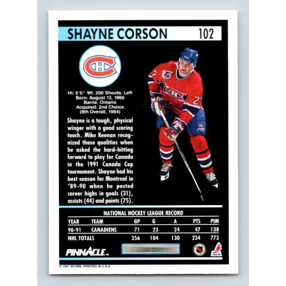 1991-92 Pinnacle #102 Shayne Corson NM-MT Montreal Canadiens Hockey Card Image 2