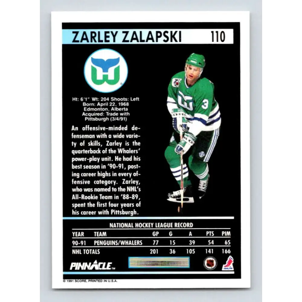 1991-92 Pinnacle #110 Zarley Zalapski NM-MT Hartford Whalers Hockey Card Image 2