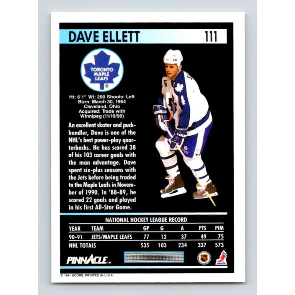 1991-92 Pinnacle #111 Dave Ellett NM-MT Toronto Maple Leafs Hockey Card Image 2