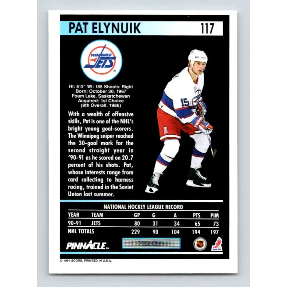 1991-92 Pinnacle #117 Pat Elynuik NM-MT Winnipeg Jets Hockey Card Image 2