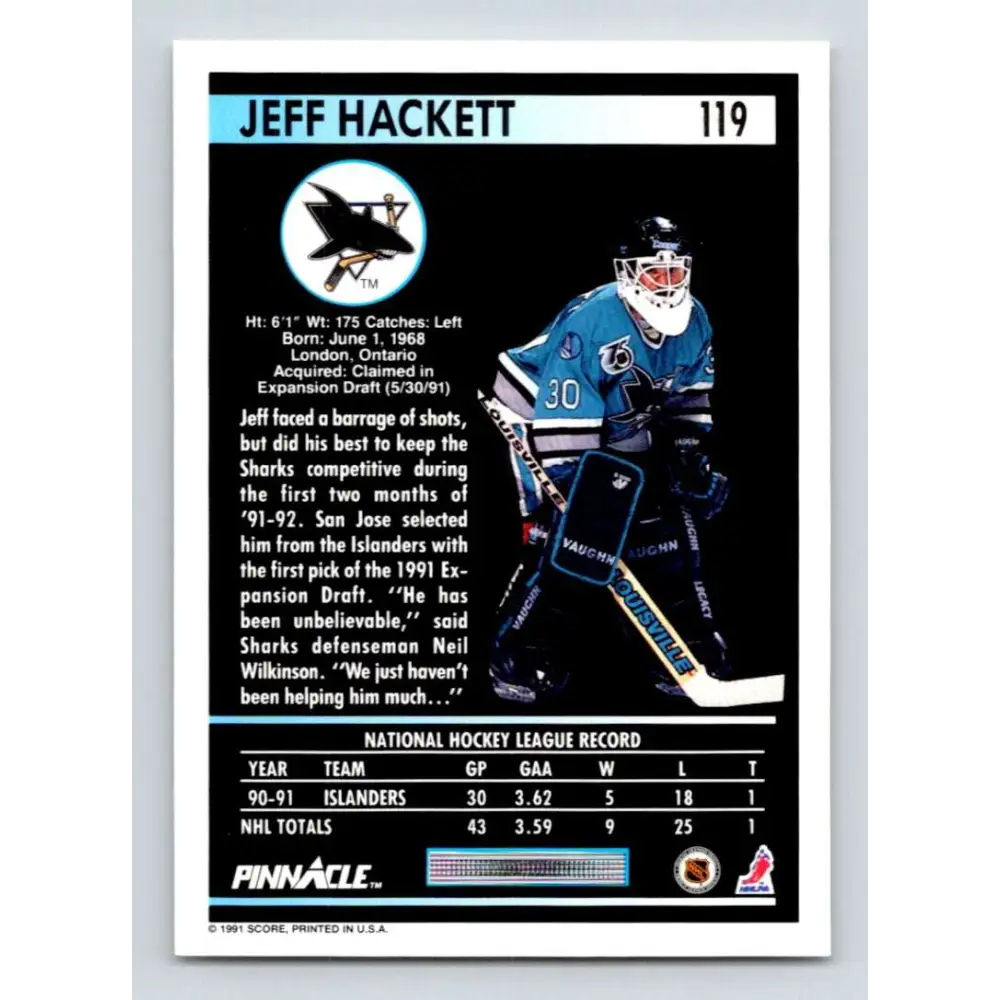1991-92 Pinnacle #119 Jeff Hackett NM-MT San Jose Sharks Hockey Card Image 2