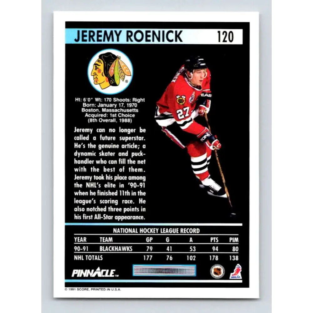 1991-92 Pinnacle #120 Jeremy Roenick NM-MT Chicago Blackhawks Hockey Card Image 2