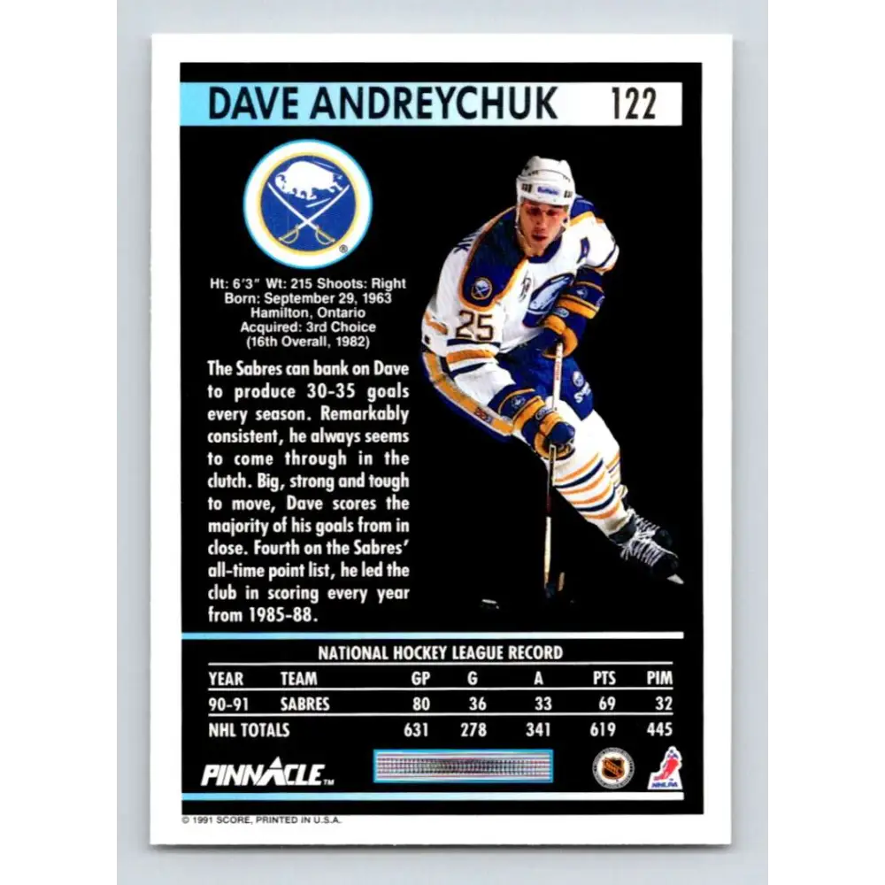 1991-92 Pinnacle #122 Dave Andreychuk NM-MT Buffalo Sabres Hockey Card Image 2