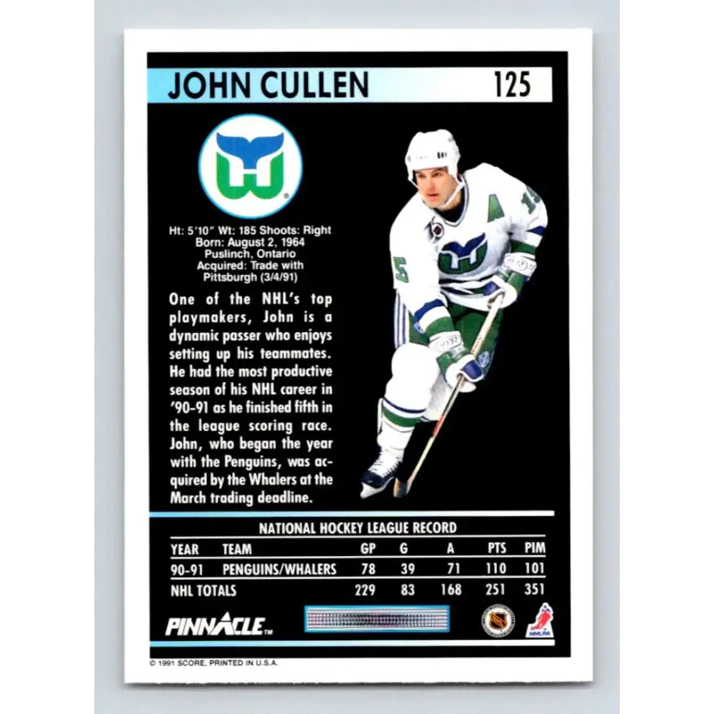 1991-92 Pinnacle #125 John Cullen NM-MT Hartford Whalers Hockey Card Image 2