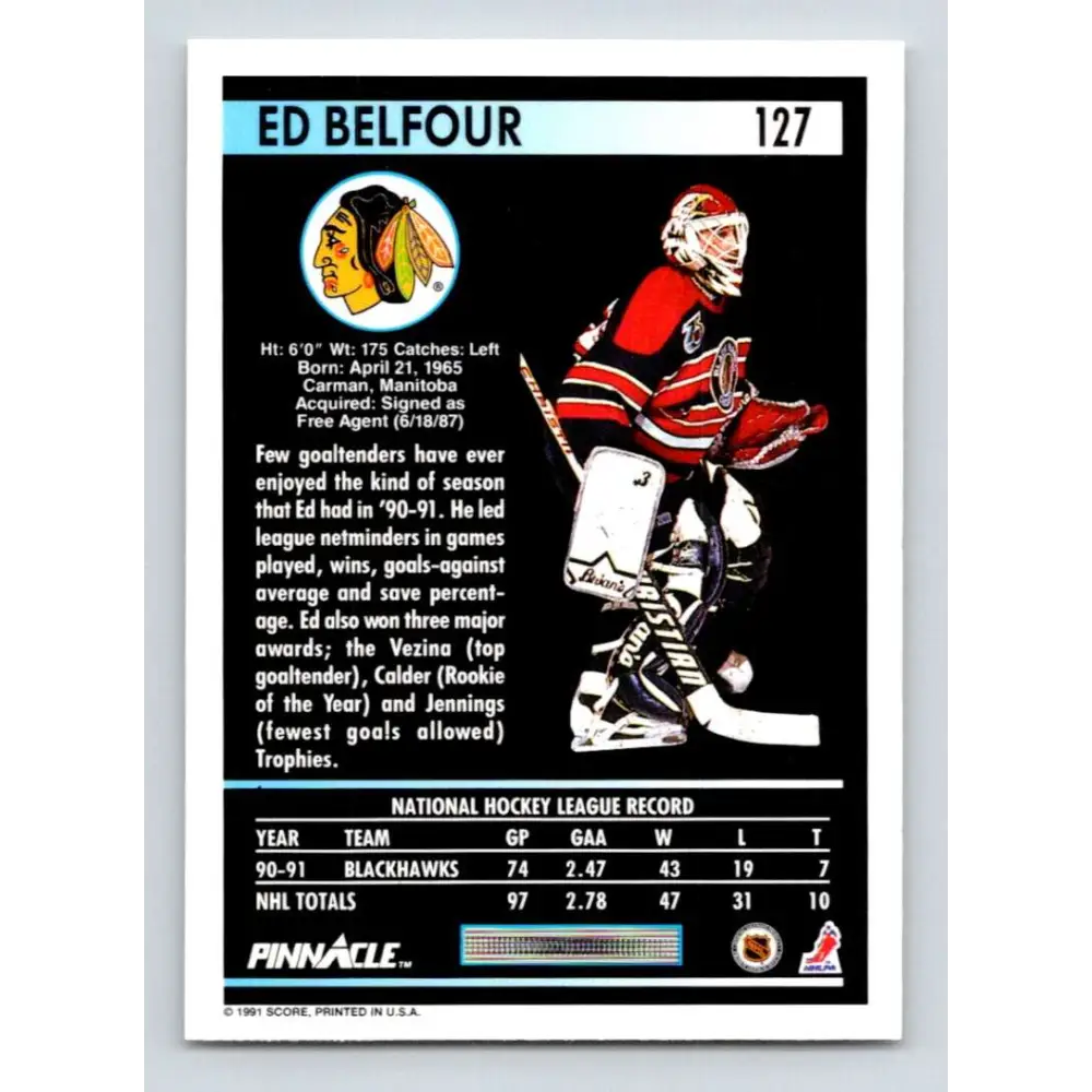 1991-92 Pinnacle #127 Ed Belfour NM-MT Chicago Blackhawks Hockey Card Image 2