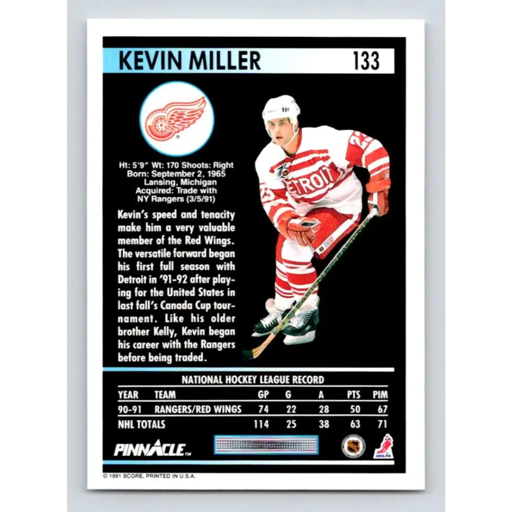 1991-92 Pinnacle #133 Kevin Miller NM-MT Detroit Red Wings Hockey Card Image 2