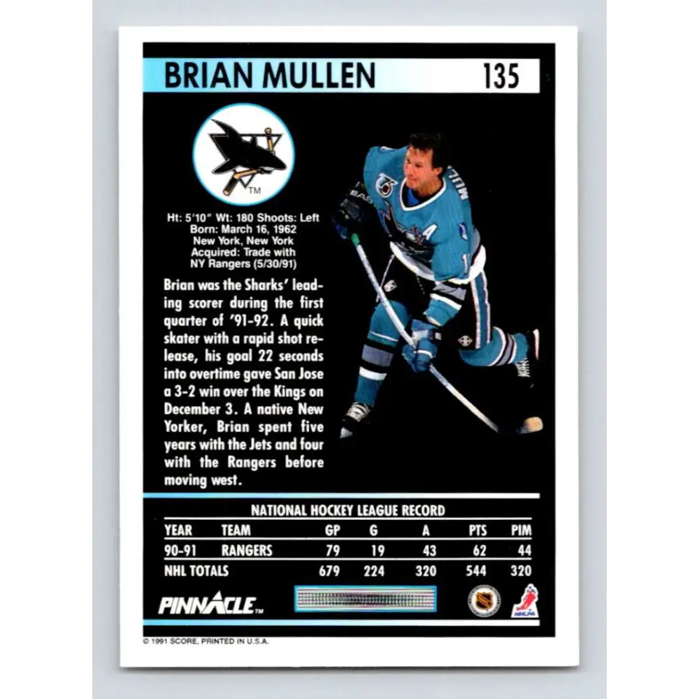 1991-92 Pinnacle #135 Brian Mullen NM-MT San Jose Sharks Hockey Card Image 2