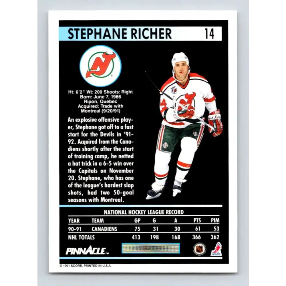 1991-92 Pinnacle #14 Stephane Richer NM-MT New Jersey Devils Hockey Card Image 2