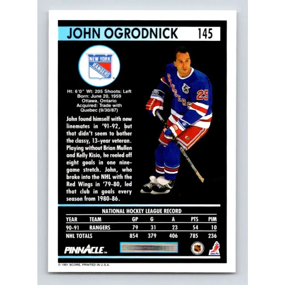 1991-92 Pinnacle #145 John Ogrodnick NM-MT New York Rangers Hockey Card Image 2