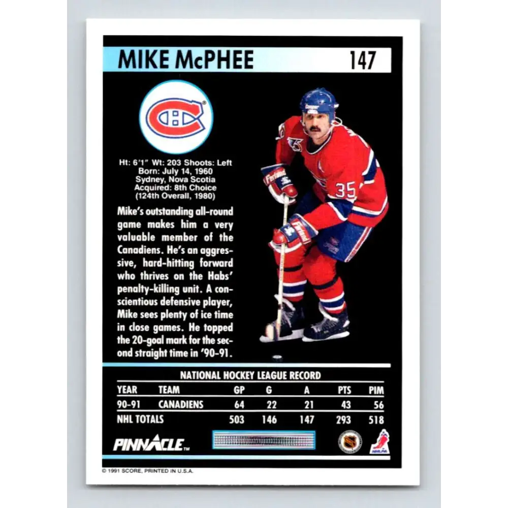 1991-92 Pinnacle #147 Mike McPhee NM-MT Montreal Canadiens Hockey Card Image 2