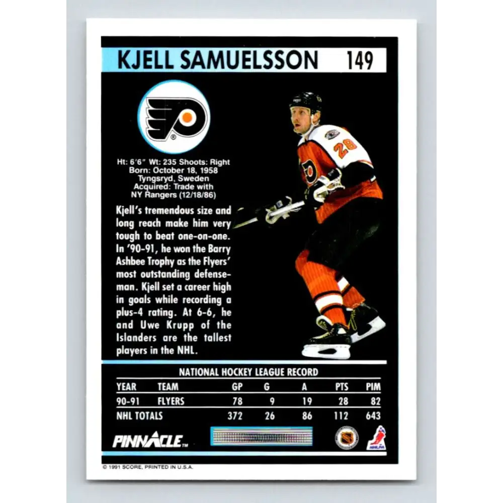 1991-92 Pinnacle #149 Kjell Samuelsson NM-MT Philadelphia Flyers Hockey Card Image 2