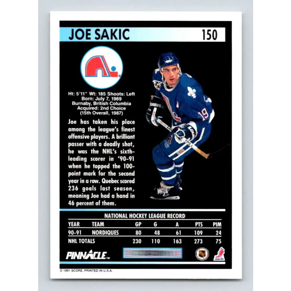 1991-92 Pinnacle #150 Joe Sakic NM-MT Quebec Nordiques Hockey Card Image 2