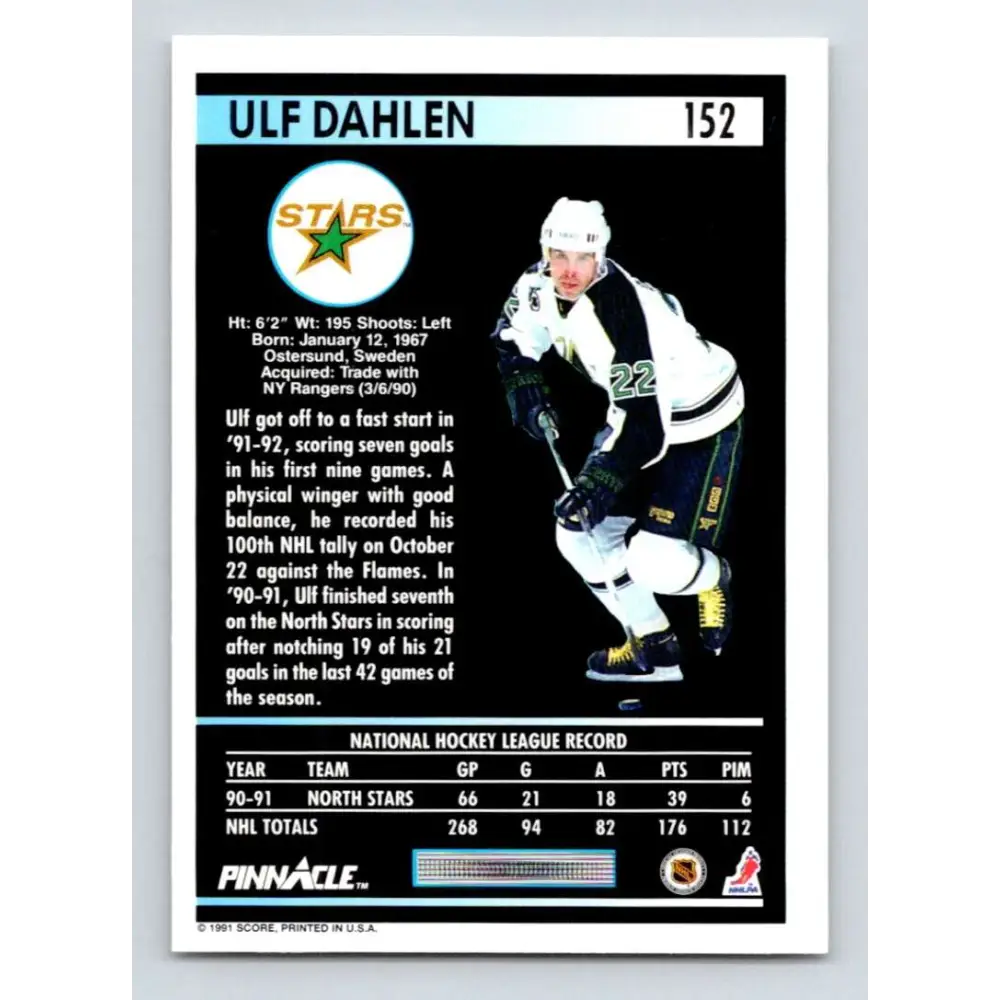 1991-92 Pinnacle #152 Ulf Dahlen NM-MT Minnesota North Stars Hockey Card Image 2