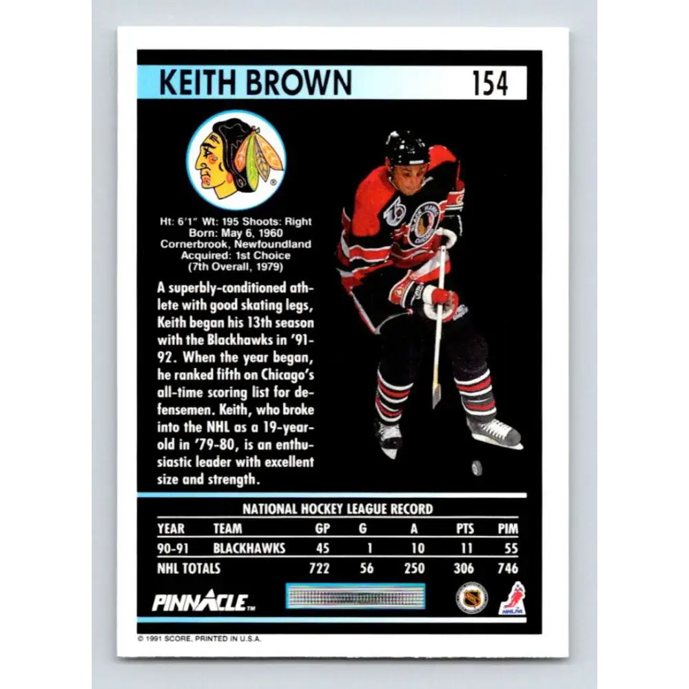 1991-92 Pinnacle #154 Keith Brown NM-MT Chicago Blackhawks Hockey Card Image 2